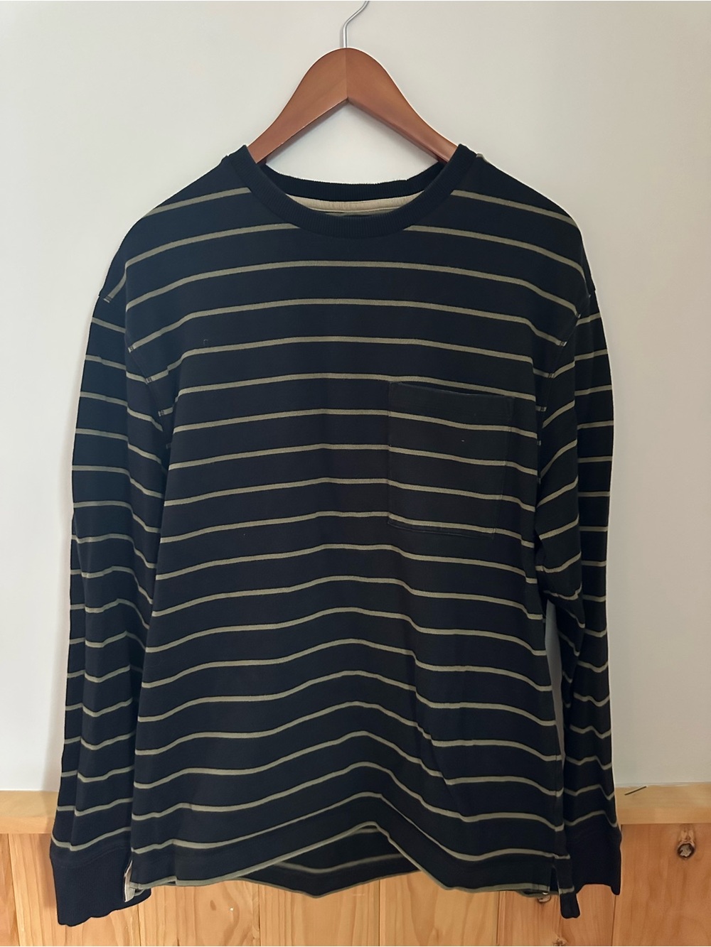 Banana Republic Black Long-Sleeve Crewneck with Olive Stripes